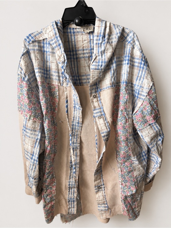 POL Jackets & Blazers - POL Patchwork Hooded Shacket Floral Plaid Waffle Knit Oversized Size Small